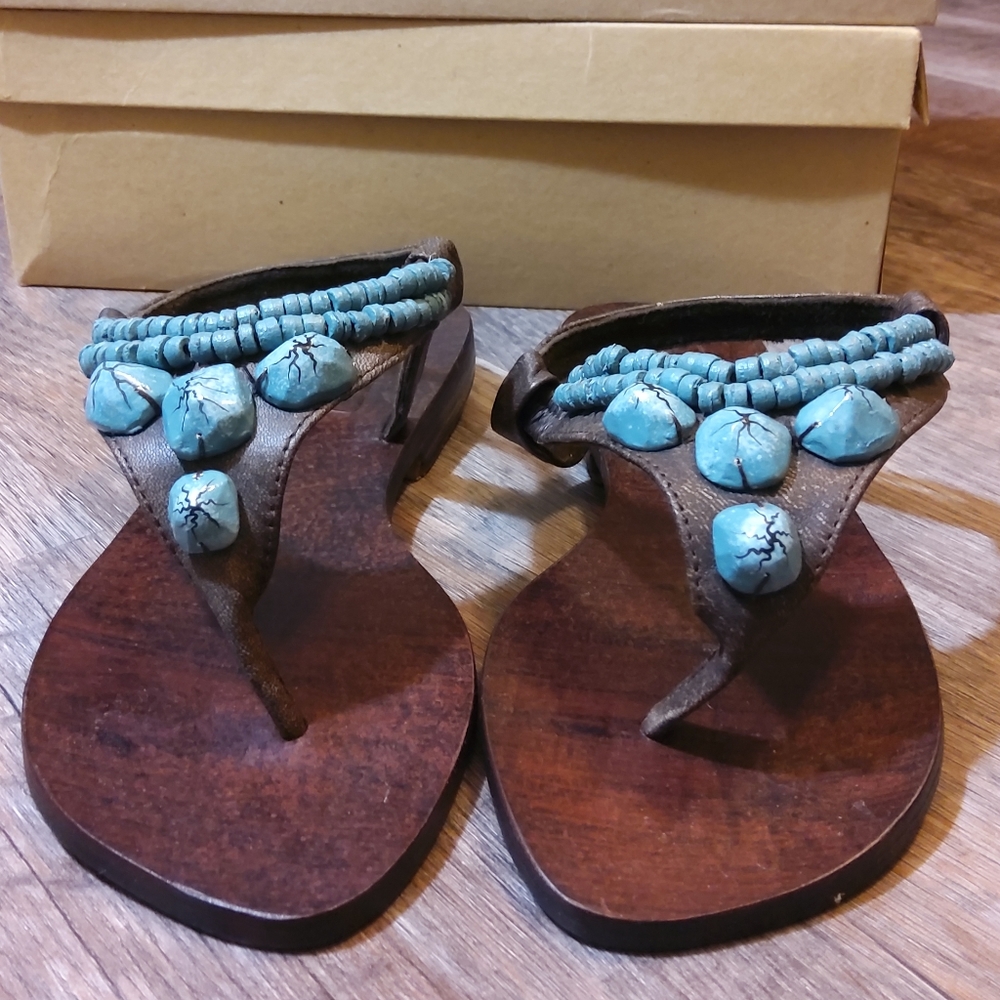 Mystique Boho Turquoise Leather Thong Sandlas NIB - Picture 5 of 13